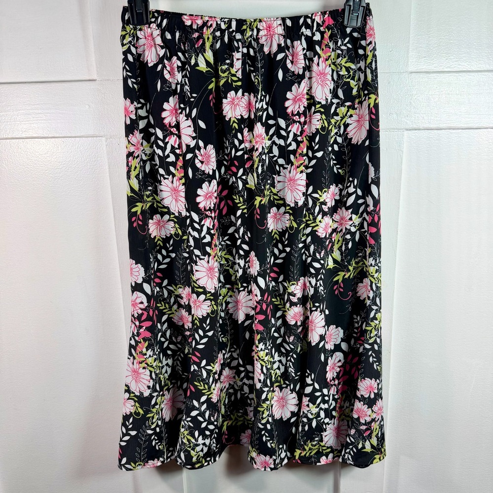 Southern Lady Black Floral Print Midi Skirt Elastic Waist‎ Women Size 10